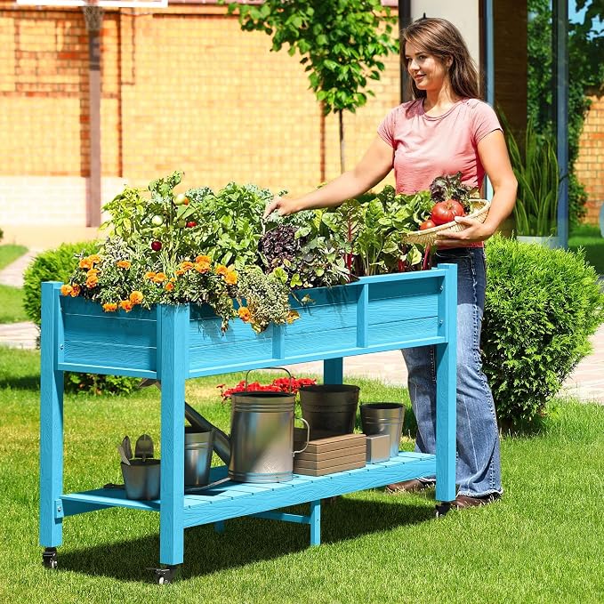 DWVO 47x18x31in Raised Garden Bed HDPE, Weather-Resistant Poly Wood Planter Box Stand, Planter Box with Legs, Storage Shelf & Lockable Wheels, Elevated Garden Bed for Backyard Patio - Aruba Blue