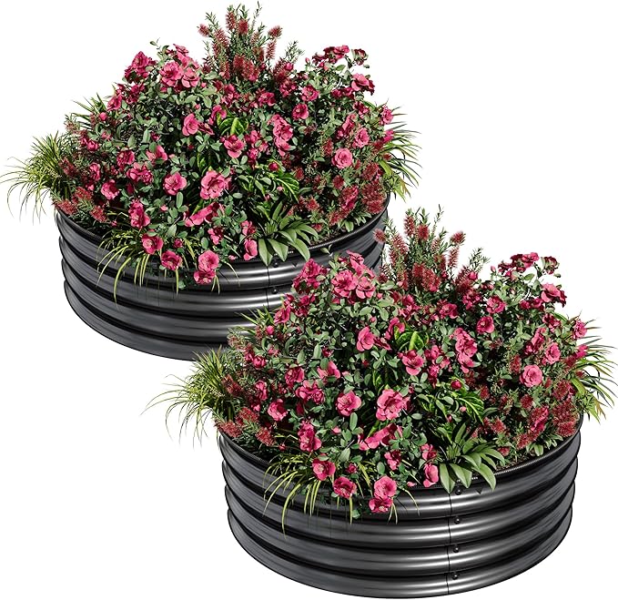 2 x 1FT Round Galvanized Raised Garden Bed – Metal Planter Box Kit with Rust & Corrosion Protection, Safe Rubber Edge, Open Bottom Design – Easy Assembly for Vegetables, Flowers, Fruits