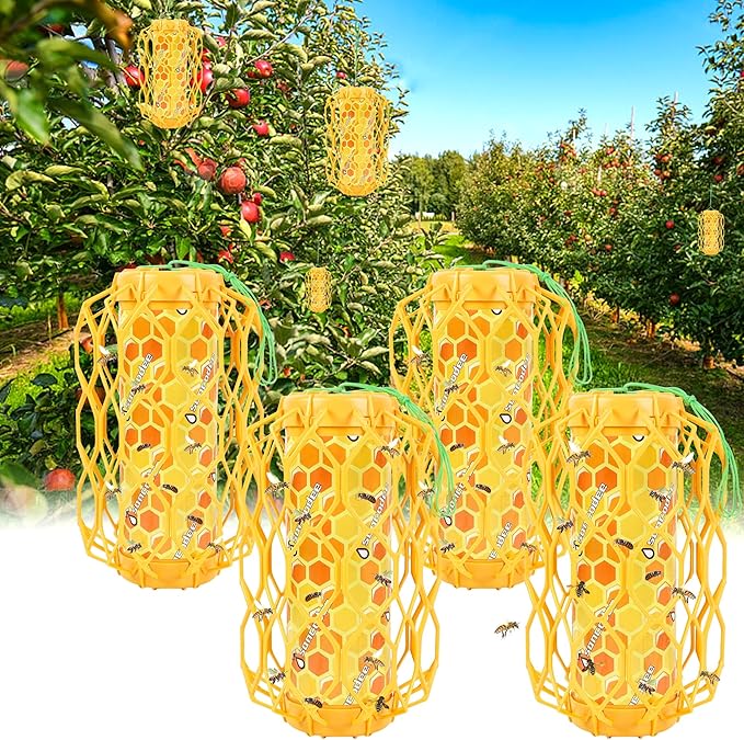 Sancodee 4 Pack Upgraded Wasp Trap Outdoor Hanging, Carpenter Bee and Hornet Catcher, Reusable Yellow Jacket Trap with Bait Reservoir, Bee Killer and Wasp Catcher for Outside (Orange)