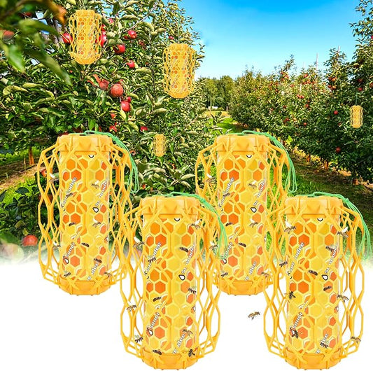 Sancodee 4 Pack Upgraded Wasp Trap Outdoor Hanging, Carpenter Bee and Hornet Catcher, Reusable Yellow Jacket Trap with Bait Reservoir, Bee Killer and Wasp Catcher for Outside (Orange)