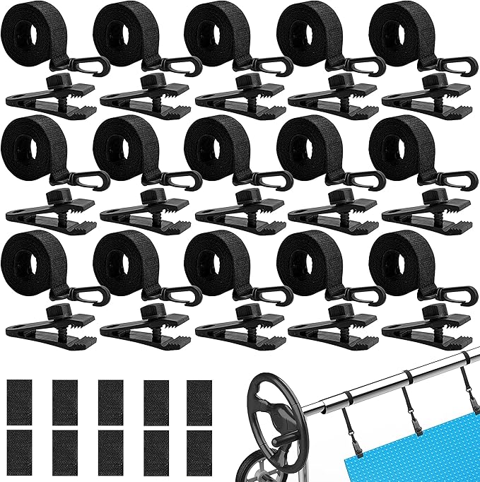 codree 36 Pcs Pool Solar Cover Reel Attachment Kit, Inground Swimming Pool Solar Cover Straps and Clips, Solar Blanket Strap Kit Including 12 Straps with Hooks, 12 Clips and 12 Touch Fastener (Black)