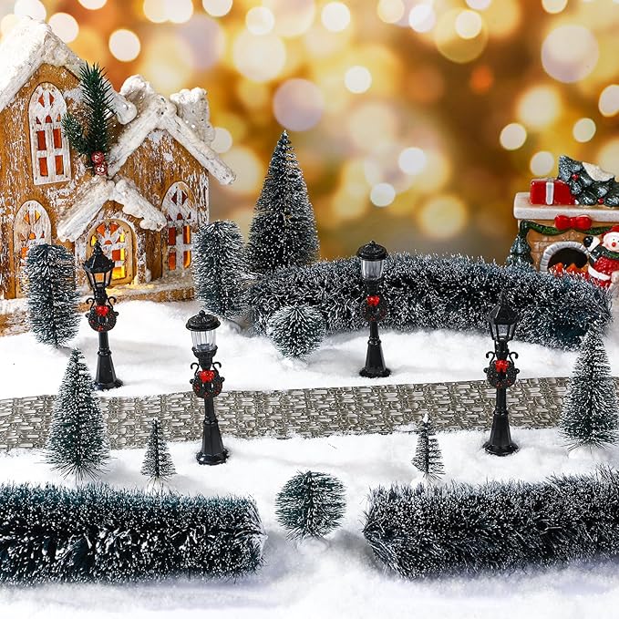 Hotop 18pc Christmas Village Accessories 47.2 Inch Village Roads Mini Snowy Trees Streets Light Lamppost Hedge Figurines Set for Display Winter Holiday Decorations DIY Crafts No Batteries(Cool)