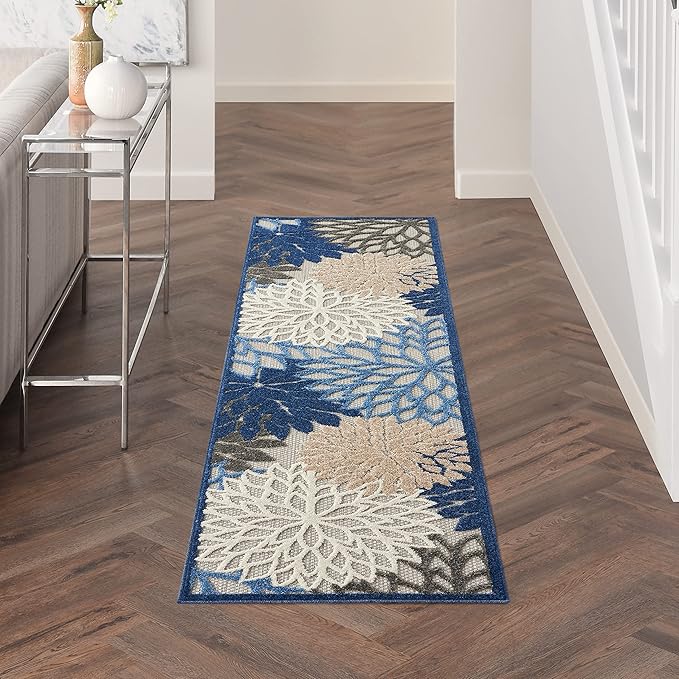 Nourison Home Aloha Indoor/Outdoor Blue/Multicolor 2' x 6' Area Rug, Tropical, Botanical, Easy Cleaning, Non Shedding, Bed Room, Living Room, Dining Room, Deck, Backyard, Patio (2x6)
