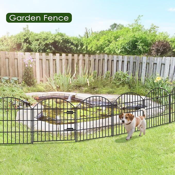 FOREHOGAR Metal Garden Fence with Gate 28in (H) x 18.7ft (L), 1 Gate + 7 Panels Dog Fence Border Fence Animal Barrier, No Dig Garden Fencing for Yard Flower Bed Lawn Patio Outdoor, ECG2829 Black