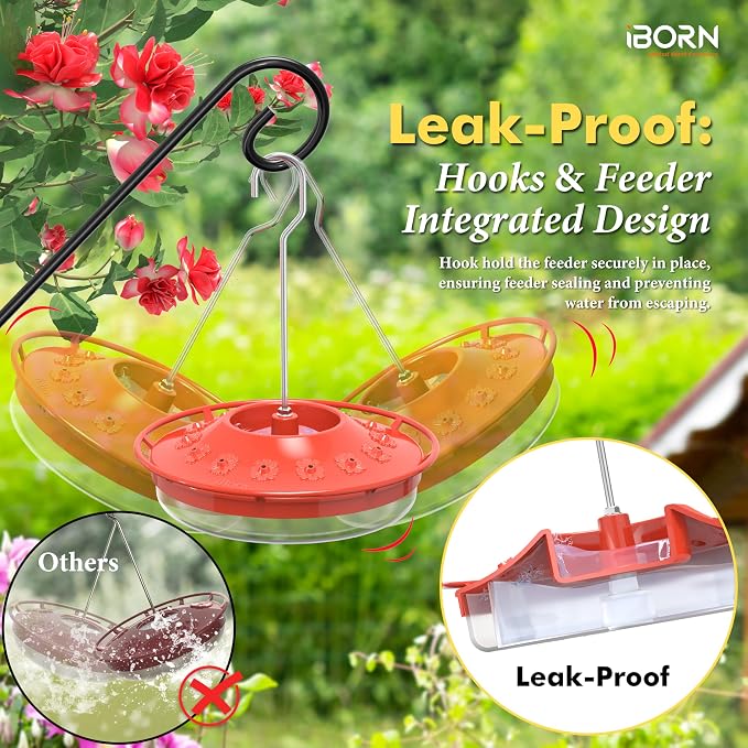 iBorn Thistle Bird Feeder for Outdoor，Metal Tube Bird Feeder 14 Inch with 12 Small Ports,8 Metal Perches,Yellow + Hummingbird Feeder with 14 Bee Guard Ports,13 OZ,Red,2 Pack