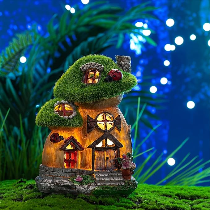 TERESA'S COLLECTIONS Mushroom Garden Statues with Outdoor Solar Light, Green Flocked Christmas Decorations for Home, Resin Fairy House Accessories Outdoor Decor Yard Thanksgiving Gifts for Mom, 8“