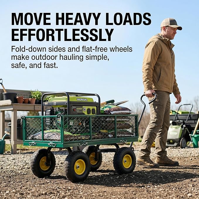 Finnhomy Heavy Duty 1000 Lbs Capacity Mesh Steel Garden Cart, Pullable Garden Wagons Carts on Wheels, Folding Utility Wagon with Removable Sides for Outdoor, Yard, Lawn, Green