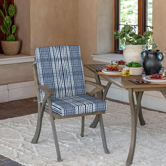 Arden 2-Pack Outdoor Patio Dining Chair Cushion, 20x44, Rain-Proof Seat Pad, Fade-Resistant Outdoor Cushion Blue Shibori Stripe