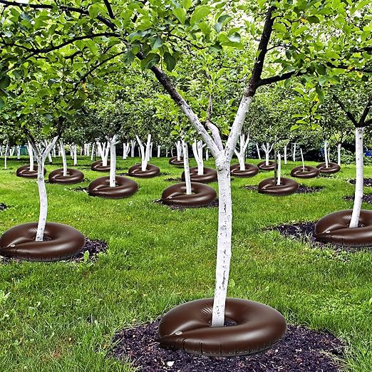 TaoBary 12 Pcs 10 Gallon Tree Watering Ring Bag Slow Release Watering Bag Deep Root Automatic Drip System PVC Drip Irrigation Pouch Donuts for Newly Planted Multi Trunk Trees Shrubs (Brown)