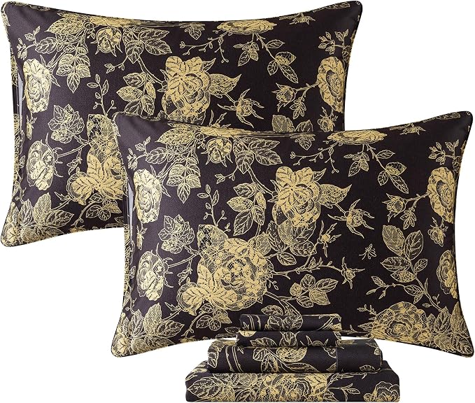 FADFAY Rose Sheets Set Full Vintage Black Gold Floral Bedding Shabby Peony Botanical Sheets Luxury Farmhouse Bedding 800 Thread Count 100% Egyptian Cotton Deep Pocket Fitted Sheet 4Pcs, Full Size
