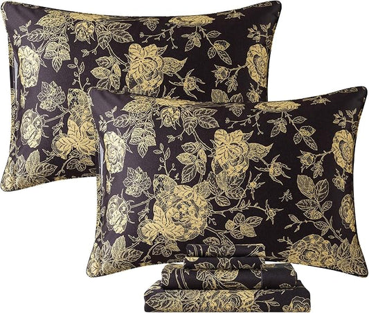 FADFAY Rose Sheets Set Full Vintage Black Gold Floral Bedding Shabby Peony Botanical Sheets Luxury Farmhouse Bedding 800 Thread Count 100% Egyptian Cotton Deep Pocket Fitted Sheet 4Pcs, Full Size
