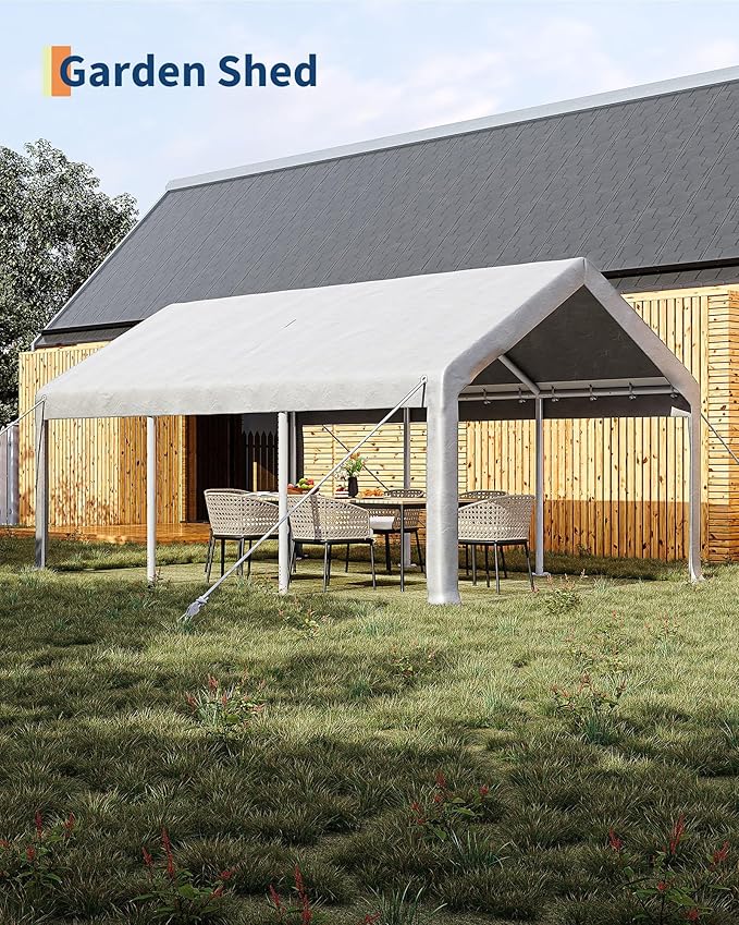 GarveeHome 12x20 ft Carport, 200g PE Tarp Car Port with Roll-Up Doors & 4 Windows, Reinforced Galvanized Steel Frame, for Full-Size Pickups, SUVs, Boats, Tractors, White