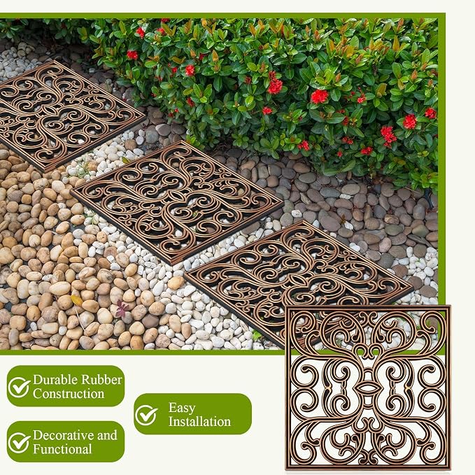Pangda 16 Pcs Rubber Stepping Stones Outdoor Garden Walkway, 12 x 12 Inch Heavy Duty Pathway Pavers Retro Decorative Stepping Stones for Outside Landscaping Yard Lawn Path (Scroll Square,Copper)