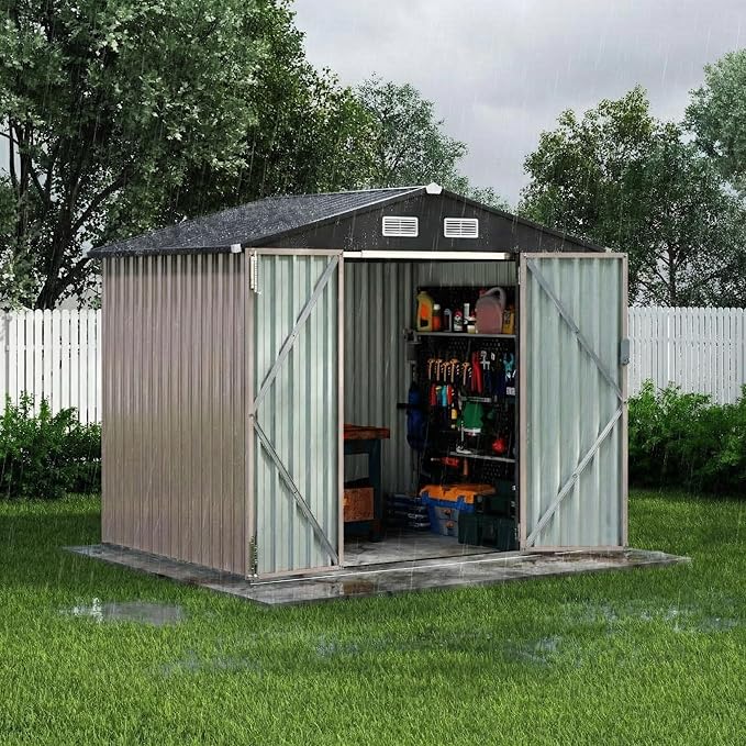 6x8 ft Outdoor Storage Sheds,Multi-Functional Metal Shed with Lockable Doors and Air Vents for Backyard Garden Patio Lawn,Brown