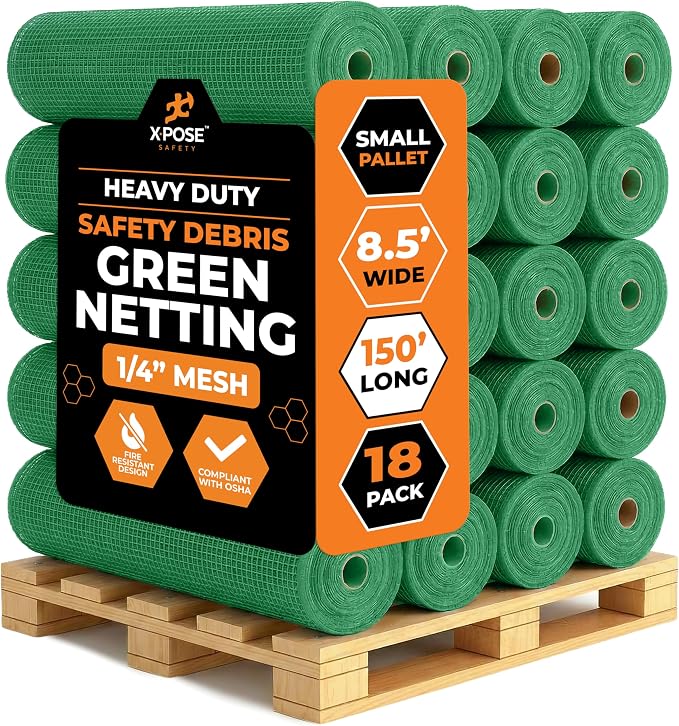 Xpose Safety Construction Safety Netting – 8.5' x 150', 1/4" Mesh Scaffold Safety Net, Temporary Material Roll, Visibility Fence, Heavy-Duty Fire Retardant, Green (18-Pack)