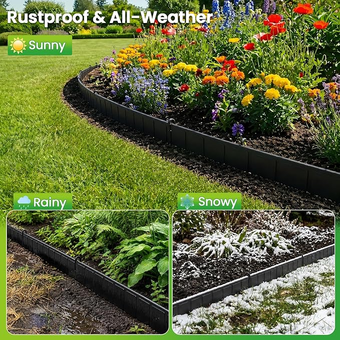 25 Panels Modular Metal Garden Edging 3.2in (H) x 33 ft (L)–Landscape Edging with 26 Stakes, Adjustable 0-270°for Curved Lawn & Flower Bed Borders, No Dig Metal Edging for Landscaping (Black)