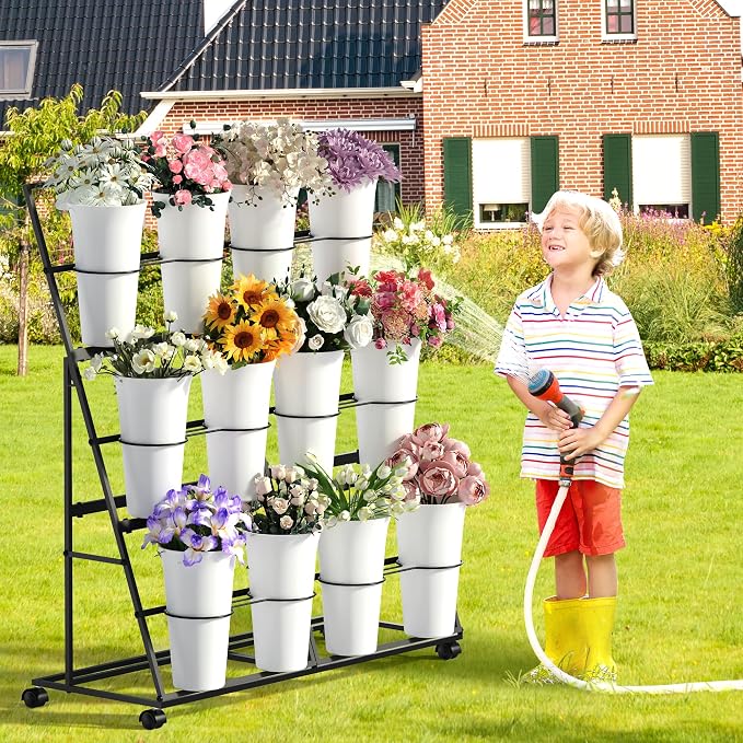 Invech Flower Display Stand with 12 Buckets and Wheels, 3 Tier Flower Cart Display Stand for Indoor Outdoor Garden, Wedding, Flower Shop (White)