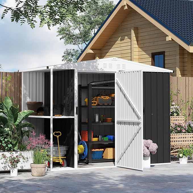 Outsunny 8 x 4ft Outdoor Storage Shed with Lock, 2-Tier Storage Rack, Air Vents, Garden Tool Shed for Backyard, Patio, Lawn, Dark Gray