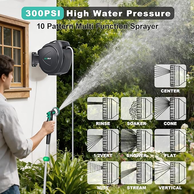 Retractable Garden Hose Reel, 100Ft x 1/2" Durable Wall Mounted Water Hose Reel with 180¡ãSwivel Bracket, 9 Pattern Sprayer, 6Ft leader hose,Smooth Automatic Rewind, Any Length Lock.