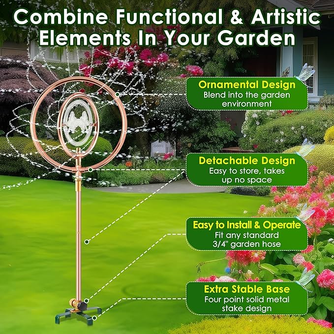 34" H Copper Coated Stainless Steel Ornamental Sprinkler, Corrosion Resistant Garden Rotating Sprinkler 360 Degree Shape Decorative for Lawn Garden Landscape(Double Ring Clear Butterfly)