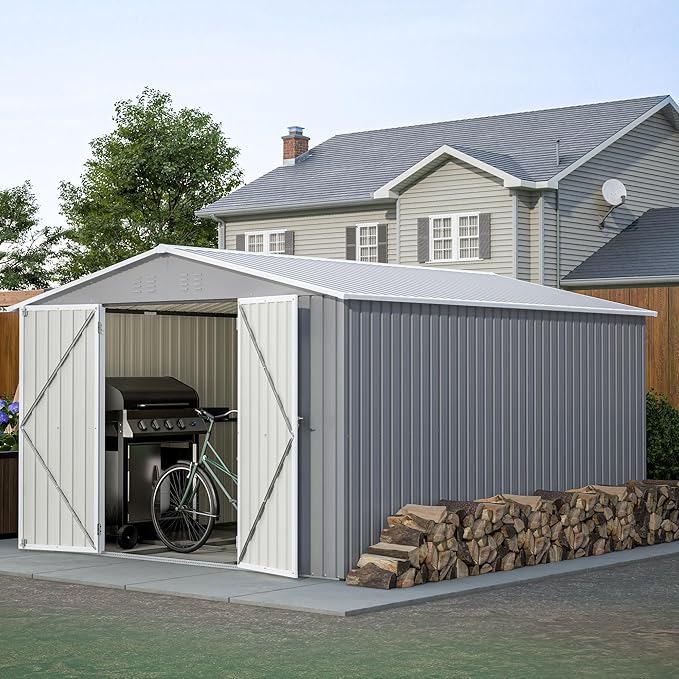 YOPTO 10x12 FT Outdoor Storage Shed with Floor Frame Kit,Metal Shed W/Double Lockable Doors,Garden Tool Storage House W/ 4 Air Vents & Sloped Roof,for Backyard,Patio,Lawn,Gray