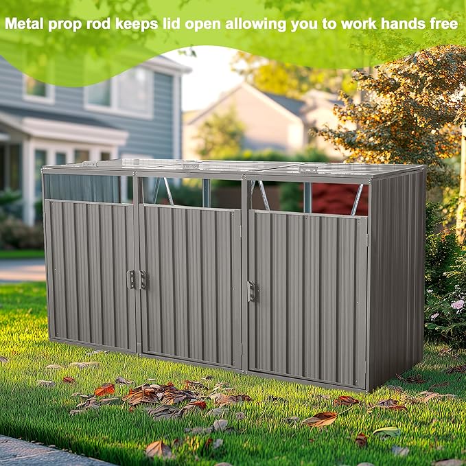 Outdoor Trash Storage Shed Waterproof Garbage Bin Shed Stainless Trash Container Storage for 3 Trash Cans Galvanized Steel Garbage Can Hider for Patio Garden Lawn, Gray