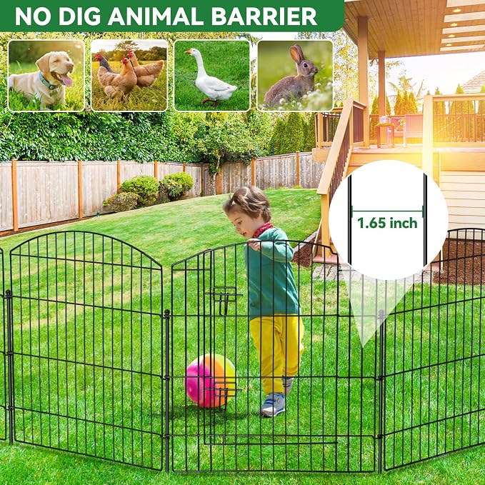 GOTGELI No Dig Decorative Garden Fence with Gate 32in(H) x 22ft(L), 9 Panels+1 Gate+11 Stakes, Rustproof Metal Animal Barrier, Temporary Dog Fencing Outdoor for Yard, Patio, Flower Bed, Landscape