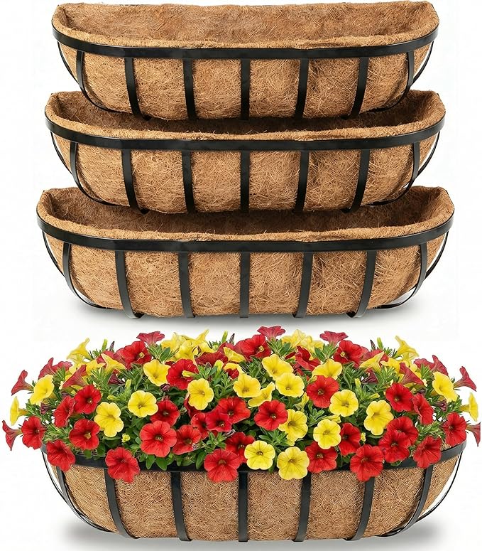24" Railing Planter with Adjustable Brackets, Window Box with Coco Liner, Hanging Flower Metal Box for Indoor Outdoor, Balcony Deck Fence Porch Patio, Black, Set of 4