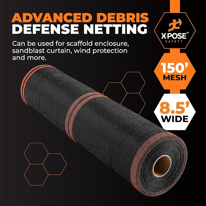 Xpose Safety Debris Netting for Construction – 8.5’ x 150’, 1/6" Mesh Scaffold Safety Net, Temporary Material Roll, Visibility Fence, Heavy-Duty Fire Retardant, Black (18-Pack)