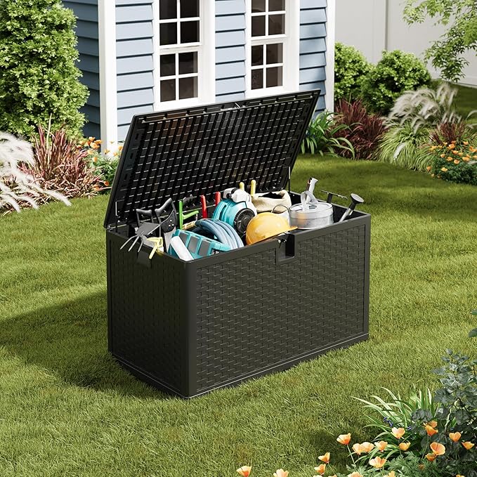 120 Gallon Outdoor Deck Box, Lockable Waterproof Outdoor Resin Box with Lid, Patio Storage Bin for Patio Furniture, Garden Tools, Pool Accessories - Black