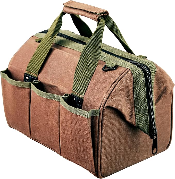 Waxed Canvas Tool Bag - 11.75” Heavy Duty Canvas Tote Bag Garden Caddy for Gardening Supplies or Tools with Wide Mouth 3 Interior and 3 Exterior Pockets - Gardening Gifts Men by Kings County Tools