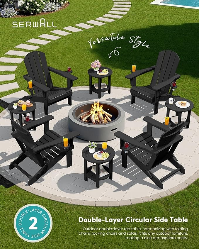 SERWALL Round Outdoor Side Table Set of 4, HDPE Small Adirondack Double End Table, Black