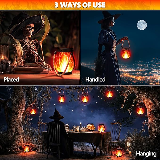 iBaycon 2 Pack Solar Lanterns Lights, Halloween Flickering Flame Garden Lights with 2 Modes Dual Charging USB & Solar, Outdoor Waterproof Hanging Lantern for Party Holiday Halloween Decor (Red)
