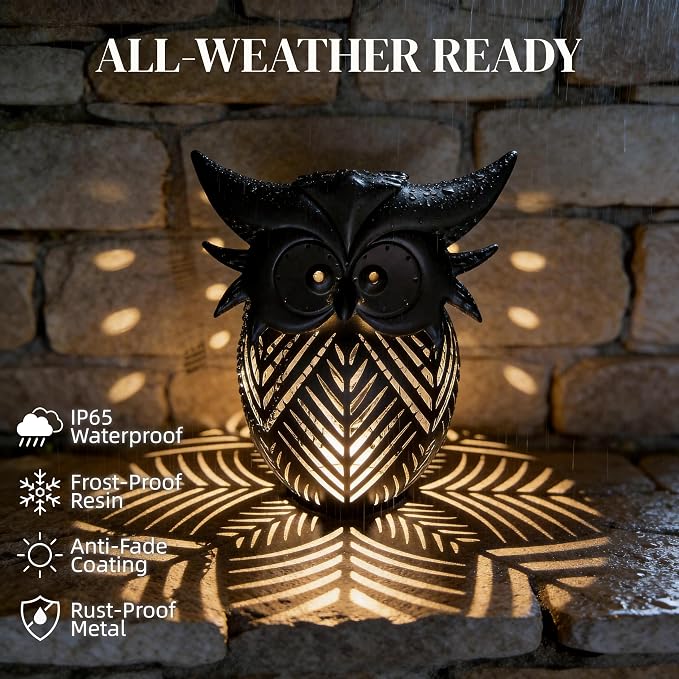 Hanging Owl Solar Lantern, Outdoor Waterproof Metal Solar Lights with Palm Leaf Shadow, Decorative Garden Lanterns for Yard Art Patio Decor, Whimsical Gifts for Women, Black