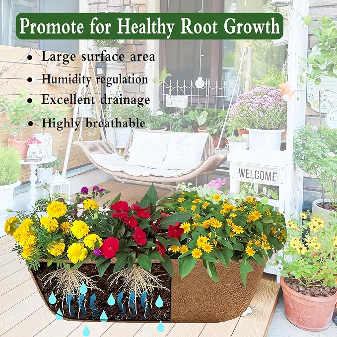 Railing Planter Window Boxes Round Hole Horse Trough Planter with Coco Fiber Liner Deck Balcony Rail Planters Black Metal Hanging Flower Planters Window Basket for Outdoor Porch (2 Pack, 24 Inch)