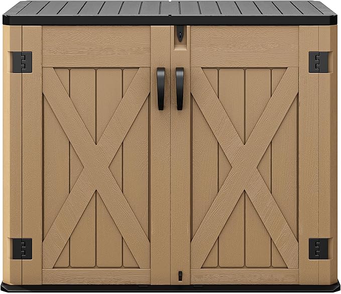 DWVO Outdoor Storage Shed, Weatherproof Resin, 35 Cu Ft Capacity, Horizontal Design, X-Shaped Lockable Door, Suitable for Bike, Garden Tools, Trash Cans, Brown