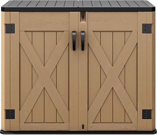 DWVO Outdoor Storage Shed, Weatherproof Resin, 35 Cu Ft Capacity, Horizontal Design, X-Shaped Lockable Door, Suitable for Bike, Garden Tools, Trash Cans, Brown