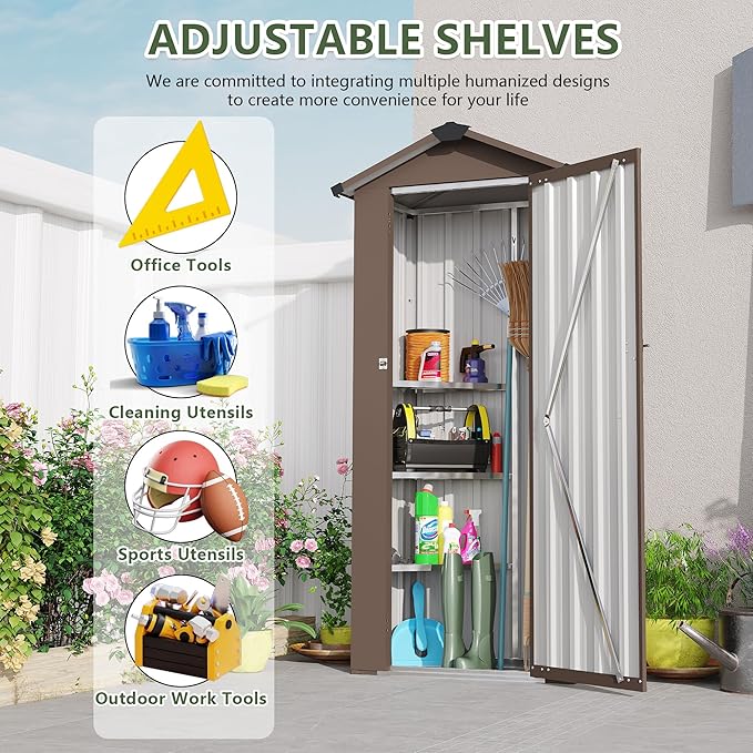 KEIKI Small Outdoor Storage Shed 2.5’ x 1.4’, Metal Lockable Tool Cabinet with Sloping Roof, Waterproof Vertical Garden Storage for Patio Backyard Lawn, Brown