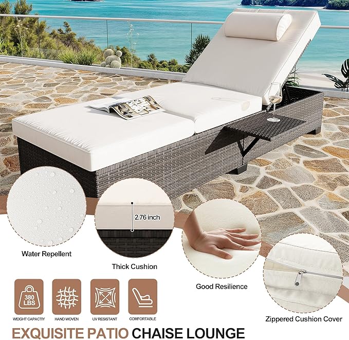 Garvee Outdoor Chaise Lounge Set of 2, 5-Position Adjustable PE Wicker Sun Loungers with Thick Quick-Dry Cushions for Poolside Patio Backyard, Gray