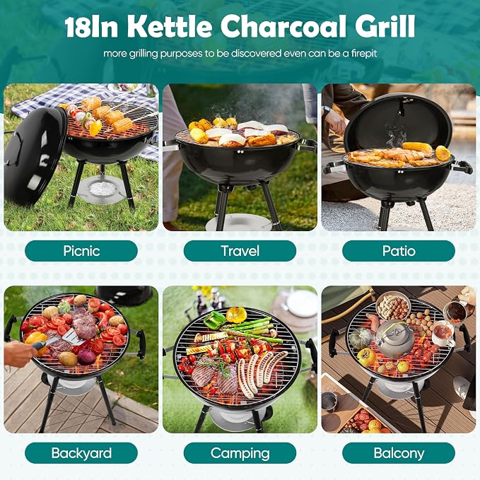 HaSteeL 18 Inch Charcoal Grill, Black Kettle Outdoor Barbecue Grill, 2-In-1 Portable BBQ Grill with Wheels for Camping Backyard Patio Picnic, Porcelain-Enameled Lid & Fire Bowl, 254.SQ.IN Cooking Area