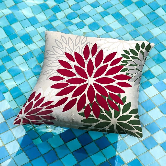 DFXSZ Wine red Dark Green Flower Pillow Covers 16x16 Inch Set of 2 Outdoor Throw Pillows Outdoor Waterproof Decor for Living Room Sofa Patio Funiture Garden Floral Polyester Pillow Covers 002W16