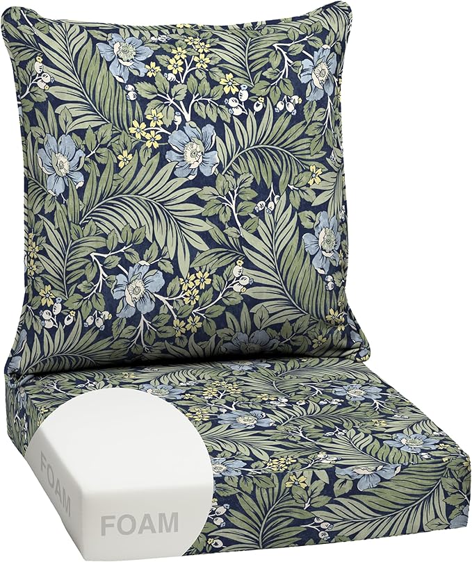 Arden Outdoor Foam Deep Seat Cushion Set, 24 in x 24 in, Weather-Proof, Rain-Proof, Fade Resistant Patio Cushion, Bottom and Back Cushion for Chair, Sofa, and Couch Sapphire Morrison Floral
