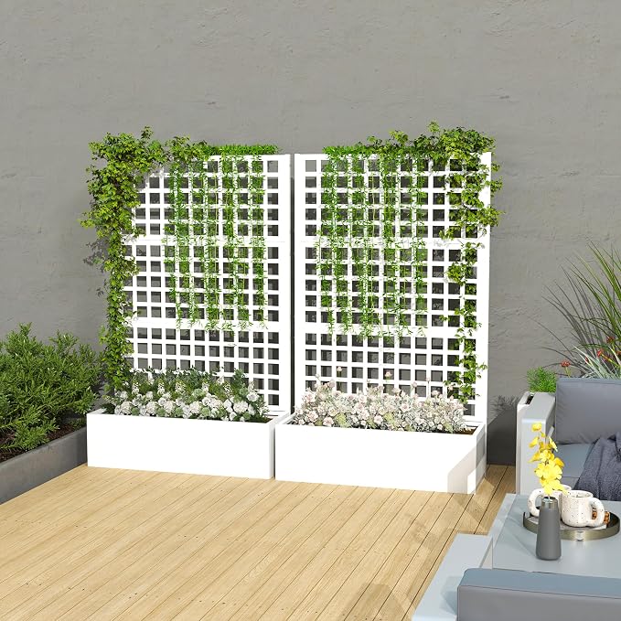 Outsunny Galvanized Raised Garden Bed with Trellis, Metal Planter Box with Drainage Holes, Outdoor Privacy Screen for Climbing Plants, Vegetable, Vines, 43" x 16" x 70", 2 Pack, White