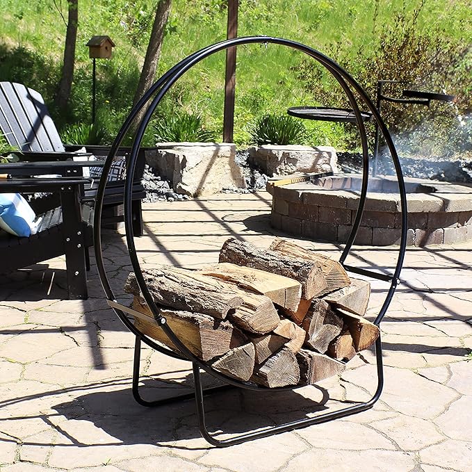 Sunnydaze 40-Inch Outdoor Firewood Rack Hoop - Indoor Round Tubular Steel Fireplace Wood Holder - 500-lb Capacity