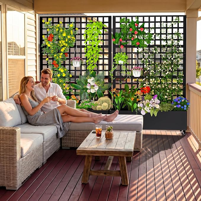 MTART Metal Planter Box with Trellis, 72.1"x47.2"x16" Galvanized Raised Garden Bed with Privacy Screen & Drainage Holes & Lockable Casters for Climbing Plants, Flower, Vegetable (Black-Grid)