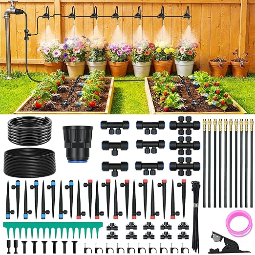 100FT Drip Irrigation Kit, Automatic Garden Watering System with Quick Connect PE Tubing, 2026 New Upgraded Water-Saving Design, 3 Adjustable Nozzles for Yard, Greenhouse, Lawn & Raised Bed