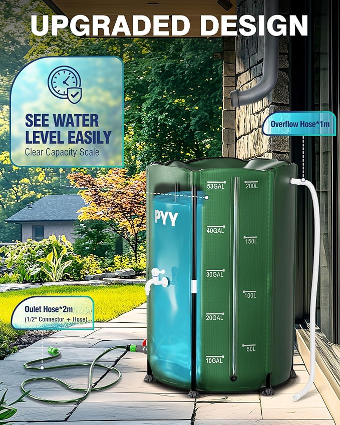 PYY Rain Water Collection Barrel - 53 Gallon Green Large Water Storage Tank with Spigot, Hose and Portable Bucket, Plastic Collapsible Rain Catcher Catchment System to Collect Rainwater from Gutter