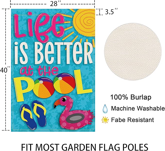 Balgardekor Life is Better at the Pool Garden Flag 28 x 40 Large House Flag Vertical Double Sided Burlap Summer Yard Outdoor Decor Home Decor (28 x 40, Pool)
