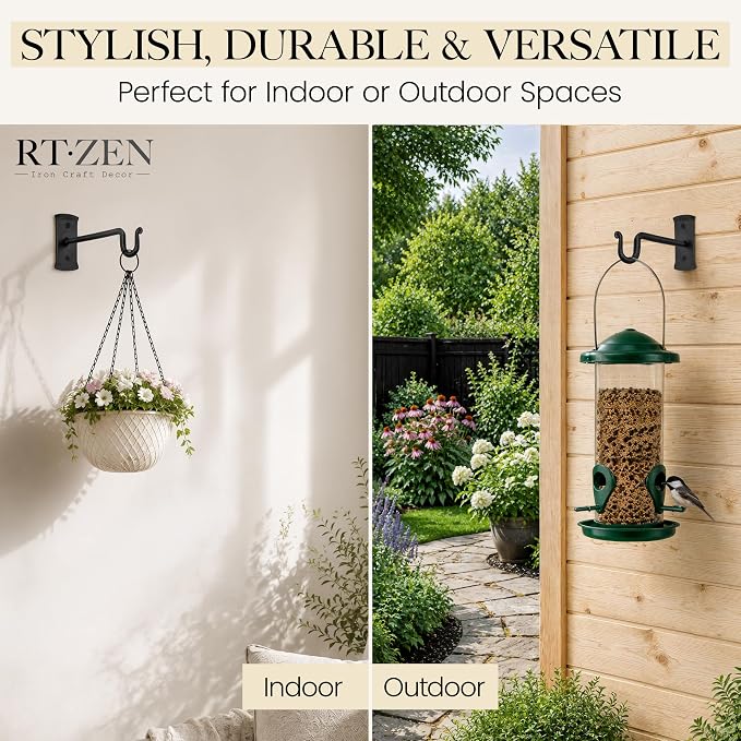 RTZEN Plant Hangers Outdoor or Indoor - Wrought Iron Metal Hanger Indoor Hook - Heavy Duty Wall Bracket Hooks for Hanging Plants Baskets Lanterns Bird Feeders - 2 Pack (Black Shepherds Hooks 7.5")