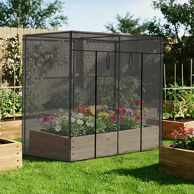 SUNYRISY Garden Plant Netting Crop Cage for Garden Raised Bed, 6.5 x 3.3 x 6 Ft Plant Cover Cage Protectors from Animal for Outdoor Plants with Frame and Zippered Door, Black